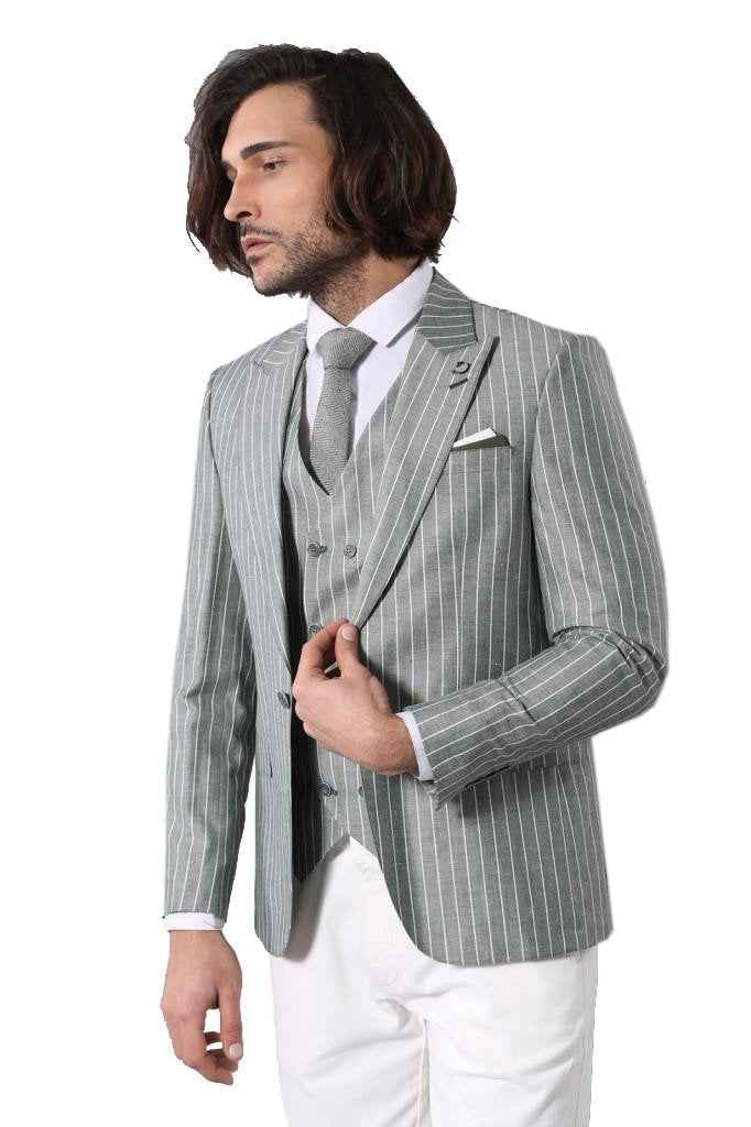 4299 Green Stripe Waistcoat Suit