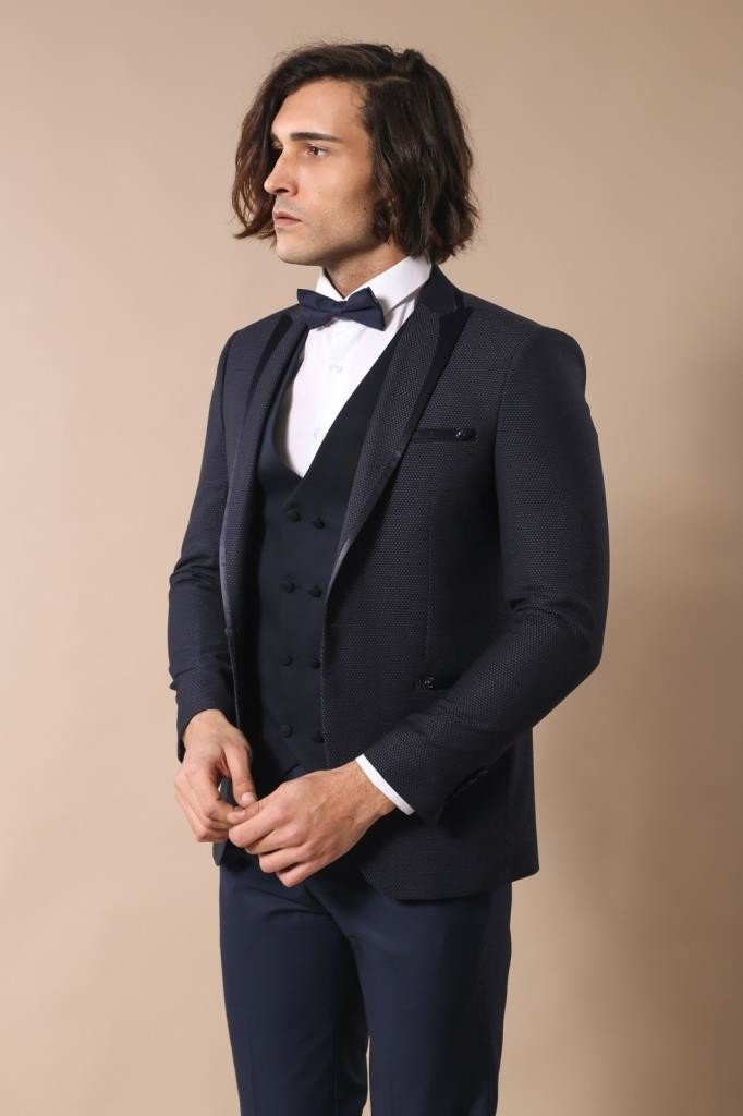 4362 Navy Blue Dot Patterned Tuxedo