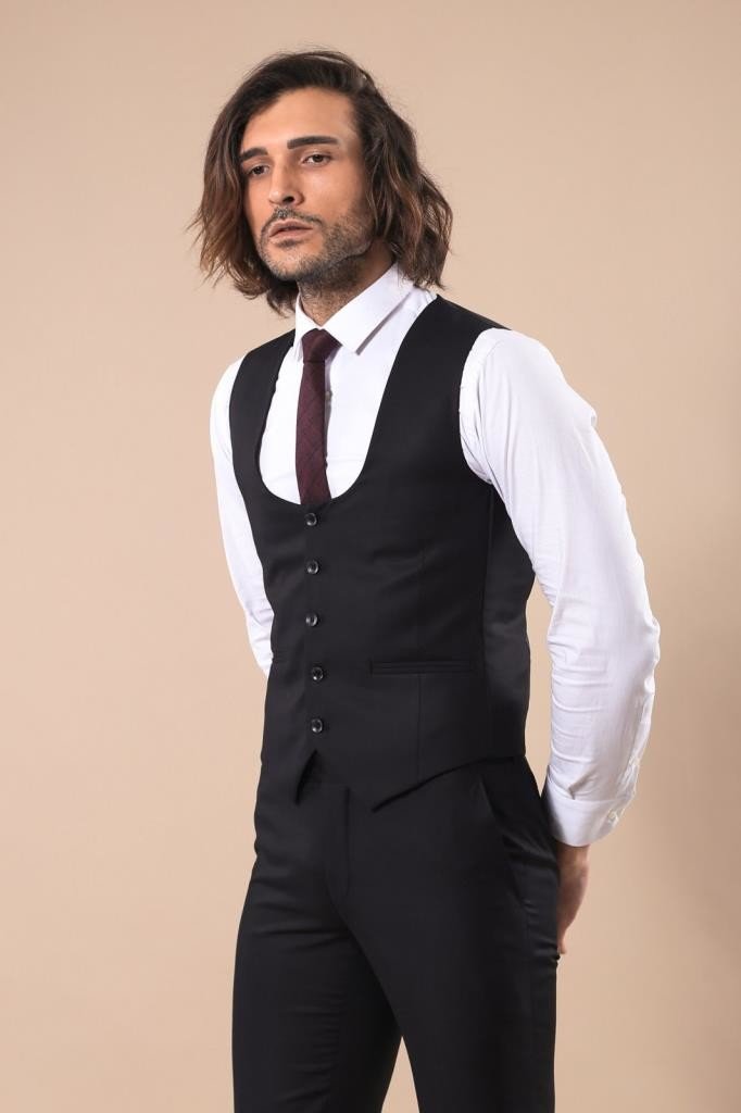 4435 Black Plain Waistcoat Suit