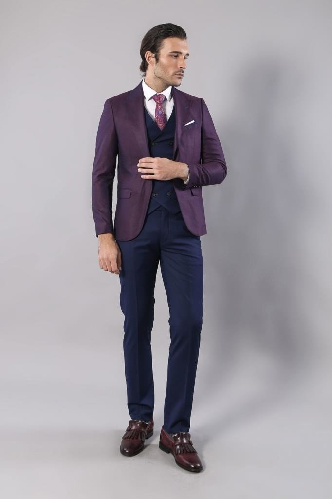 4462 Burgundy-Navy Blue Self-Patterned Waistcoat Suit