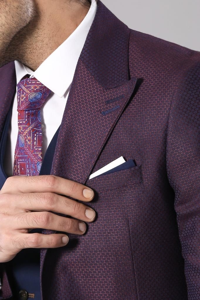 4462 Burgundy-Navy Blue Self-Patterned Waistcoat Suit