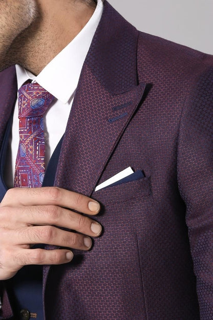 4462 Burgundy-Navy Blue Self-Patterned Waistcoat Suit