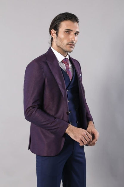 4462 Burgundy-Navy Blue Self-Patterned Waistcoat Suit