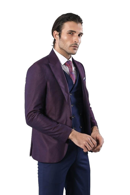 4462 Burgundy-Navy Blue Self-Patterned Waistcoat Suit