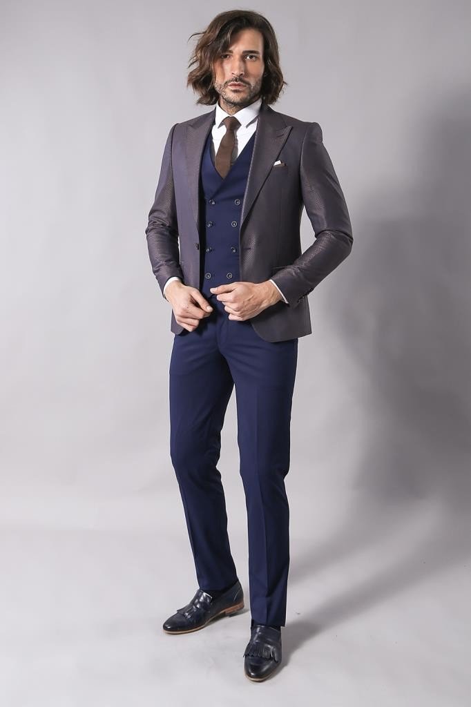 4306 Navy Blue-Purple Self-Patterned Waistcoat Suit